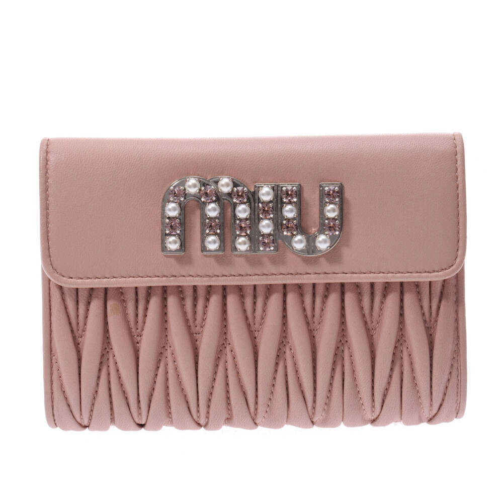 Miu Miu Matelasse Compact Wallet Pink Nappa Leather Tri fold